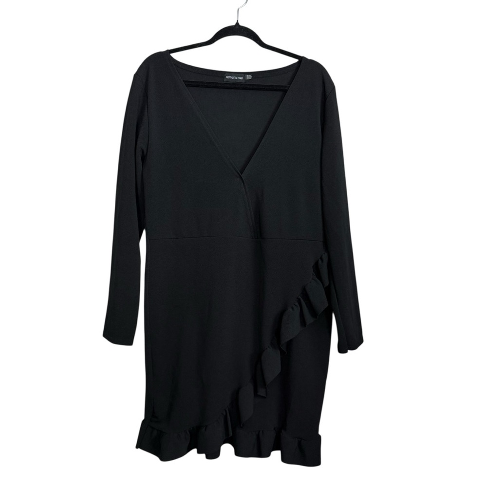 PrettyLittleThing l Black Asymmetrical Ruffled Wrap Dress Size 16 - Picture 2 of 10